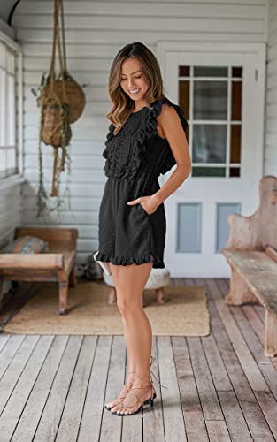 Angashion Women's Rompers-Summer Crochet Crew Neck Floral Polka Dot Ruffle Cap Sleeve Beach Short Jumpsuit Black X-Large #TOP4