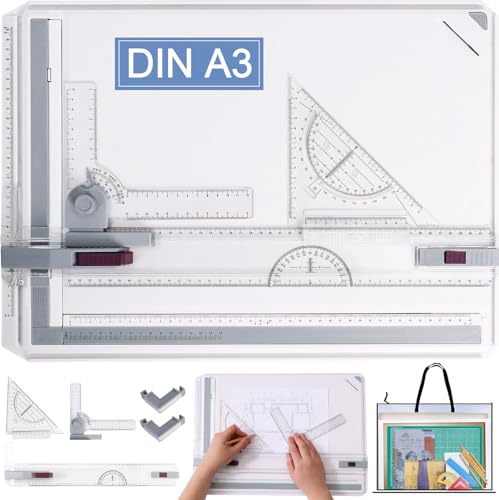 Zeichenbrett 51 x 37 cm, Zeichenplatte DIN A3, Multifunktionales Technisches Zeichnen mit Parallelbewegung und Verstellbarem Winkel, Zubehör für Architekten, Ingenieure, Künstler, Studenten,Lehrer