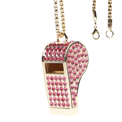 PCTC Crystal-Encrusted Metal Whistle - Heavy-Grade Metal Fashion Jewelry with Decorative Chain for Fashion Party and Gift Accessory (Pink)
