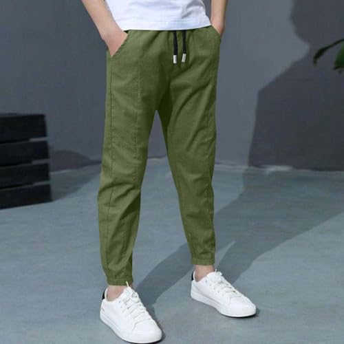 Linen Pants for Boys 2-Piece Kids Baggy Straight Leg Sweatpants Casual Cuffed Ankles Drawstring Jogger with Pockets3
