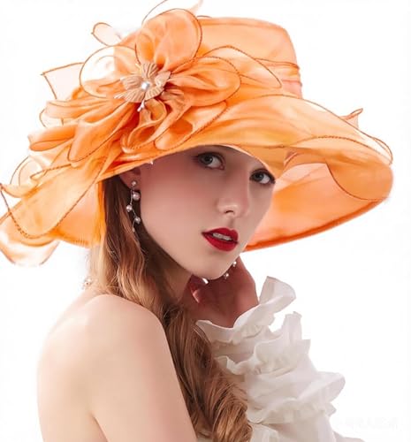 ORIDOOR Womens Organza Church Tea Party Wedding Fascinator Derby Hat Wide Brim Sun Hats (C Orange)