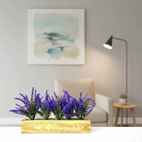 Image of Dekorly Artificial Lavender Plant in White Pot, 18cm - Realistic Faux Flower Arrangement for Home & Office Decor (Set of 1) (1, Wooden Pot)