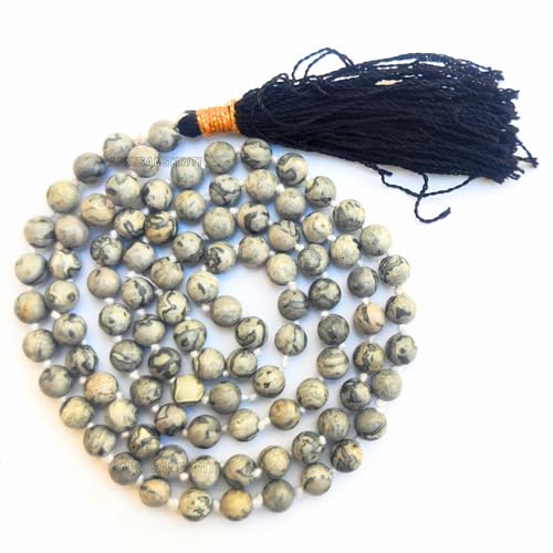 Image of Apnisanskriti Premium Map Stone Mala for Men and Women (6mm, AAA Quality, Lab Certified, 108+1) - Natural Stone Beads Mala - Jasper Mala Grey, White & Black Patches Colour - Pack of 1
