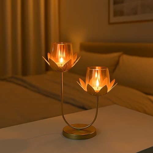 Image of MARKET 99 Metal + Glass 2 Votive T-Light Holder | U-Shaped Golden Candle Stand for Christmas, Diwali, Birthdays & Weddings | Elegant Home & Festive Ambient Decor Lighting