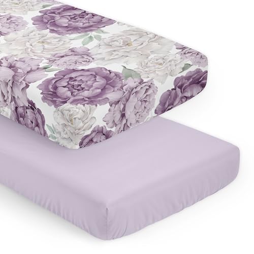 Image of Sweet Jojo Designs 2-Piece Baby Crib Sheets Set (Boho Purple Floral) for Girls, Infant Nursery, Toddler Room - Fitted, Standard Size (Lavender, Bohemian, Vintage, Flower, Watercolor, Shabby Chic)