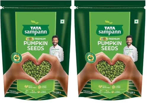 Image of Tata Sampann Pumpkin Seeds, 500g, Rich in Protein, Dietary Fibre, Magnesium & Phosphorus, Raw & Unroasted Pumpkin Seeds, Source of Iron & Zinc, Handpicked Seeds, Resealable Pack (Pack of 2)
