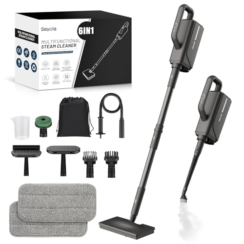 Seyola Steam Mop for Floor Cleaning, Steam Cleaner for Home with Handheld 6-in-1 Multi-function Attachments for Hardwood Floors, Clothes, Windows, Tiles Grout, Furniture, Carpet Cleaning(Black)