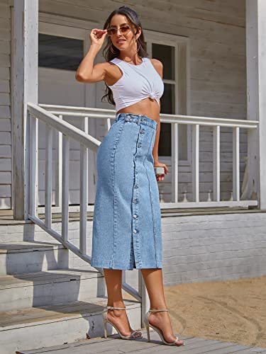Image of Shasmi Girl's & Women's Front Button-Up Slit Longline Single Breasted Long Casual Denim Skirt Suitable for Daily WearSkirt 233