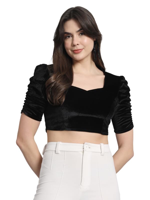 Readymade Party Blouse for Women | Shiny Velvet Puff Sleeves Stylish Outfit-image-38
