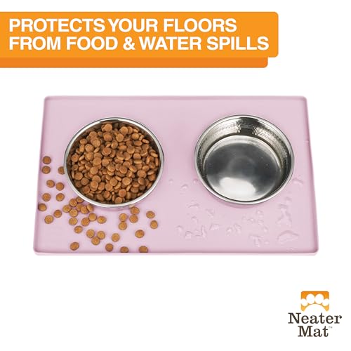 Image of Neater Pet Brands Neater Mat Pet Mats for Food and Water, Cat & Dog Bowl Mat Waterproof Silicone, Feeding Tray, Dog Food Mats for Floors, Placemat w /Raised Edge for Under Bowls, 16 inch x 10 inch, Light Pink
