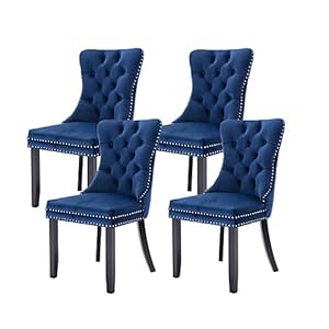 Virabit Tufted Dining Chairs Set of 4, Velvet Upholstered Dining Chairs with Nailhead Back and Ring Pull Trim, Solid Wood Dining Chairs for Kitchen/Bedroom/Dining Room (Blue)