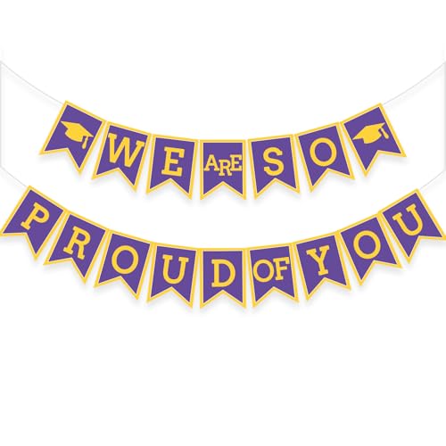 Image of Purple Yellow We Are So Proud Of You Banner Congrats Grad Cap Bunting Flag Grad Party Decoration Idea