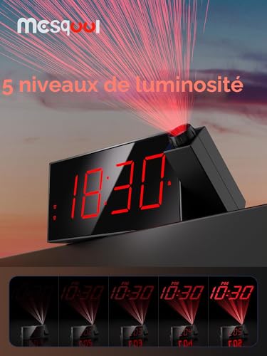 Mesqool Réveil à Projection, Puissant avec Projecteur Rotatif à 180°, Variateur de Luminosité à 5 Niveaux, écran LED Clair, Chargeur USB, Fonction Snooze, 12/24h – vue 4