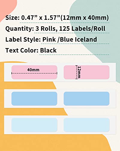 Phomemo Thermal Label Paper Adhesive Label For Q31/Q30S/D35 Label Makers, Pink/Ice Blue/Sky Blue, 3/8" X 1 1/2" (12Mm X 40Mm), Strong Adhesion, Waterproof, 3 Rolls #TOP1