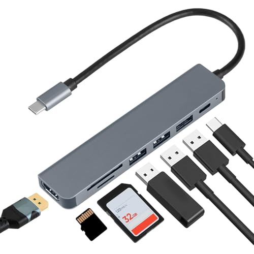 USB C Hub 7 in 1 Multiport Adapter mit 4K HDMI Port 30Hz, 100W Power Delivery, 3 x USB 3.0 5Gbps, SD TF Kartenleser Card Reader, USB-C Port Dongle Kompatibel mit MacBook Tablet Laptop PC iPad iPhone