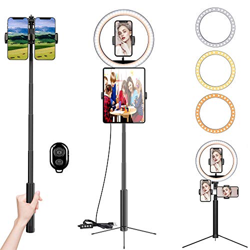 10" Selfie LED Ring Light with Upgrade Remote Extendable Tripod Light Stand 11.6"-66.1" and 3pcs Holders for 4.7"-15.6" Screen Tablet, iPhone & Android for Tiktok/YouTube/Zoom/Video/Photography