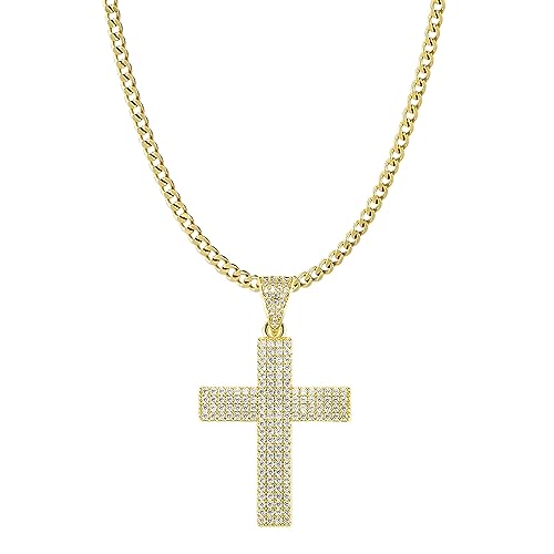 Gemsme 18K Gold Plated Cubic Zirconia Cross Pendant Chain Necklace for Men Women Simple Small Round CZ Cross Pendant Necklace 18 Inch