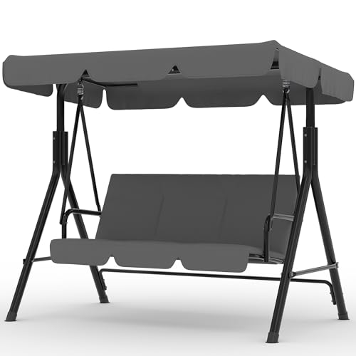 Image of Garvee Outdoor Porch Swing with Adjustable Canopy, 3-Seat Patio Swing Chair with Stand, Heavy Duty Outdoor Swing for Adults, Metal Frame Patio Swing for Garden, Backyard & Poolside,Grey