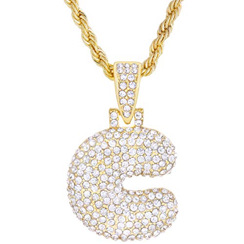metaltree98 20" Rope Chain A - Z Initial Bubble Letter Gold Plated Iced