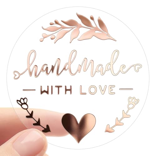 100 Pcs Handmade with Love Stickers – Rose Gold Foil Transparent Labels for Small Business Packaging, Handmade Craft Seals, 1.6 Inch (Rose Gold Foil)