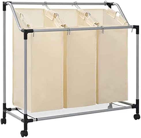 vidaXL Laundry Sorter with 4 Bags Up to 20kg Cloth Separation Washing Clothes Storage Basket Hamper Organiser Bin Case Bag Cream Steel