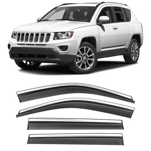 Image of Shatterproof Taped-On Window Deflectors for Jeep Compass 2017-2025 with Chrome Trim, Rain Guards, Window Visors for Car, Vent Deflector, 4pcs