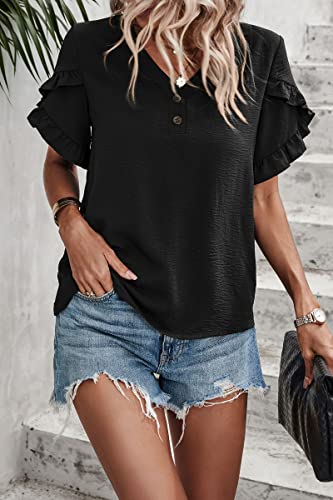 Ecoiwsh Womens Summer Tops Dressy Casual Ruffle Short Sleeve Tunics Shirts Blouses Spring Tops For Women Black L #TOP6