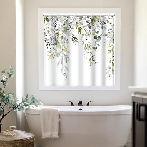 Ruelvth Shower Window Curtain Watercolor Green Eucalyptus Small Short Waterproof Bathroom Window Curtain with Hooks 40x36 Inch