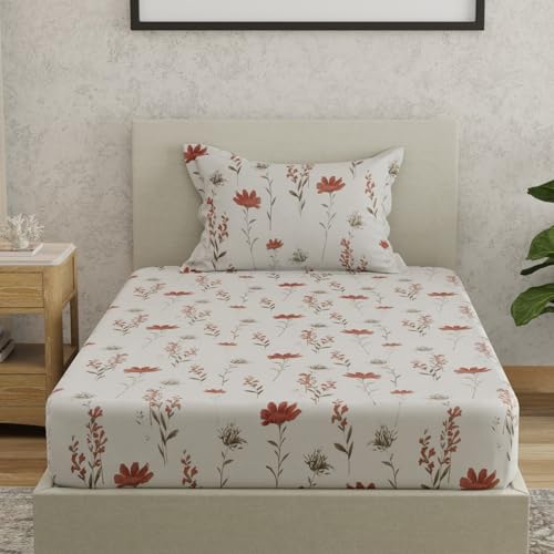 Image of HUESLAND by Ahmedabad Cotton 144 TC Bedsheet for Single Bed with 1 Pillow Cover | White & Rust