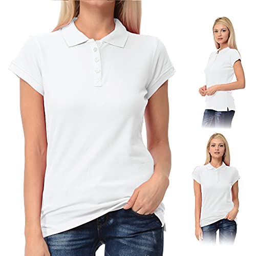 FRESH TEE Women's Short Sleeve 100% Cotton Slim Fit Polo Shirt for Women (US, Alpha, Small, Regular, Regular, White)