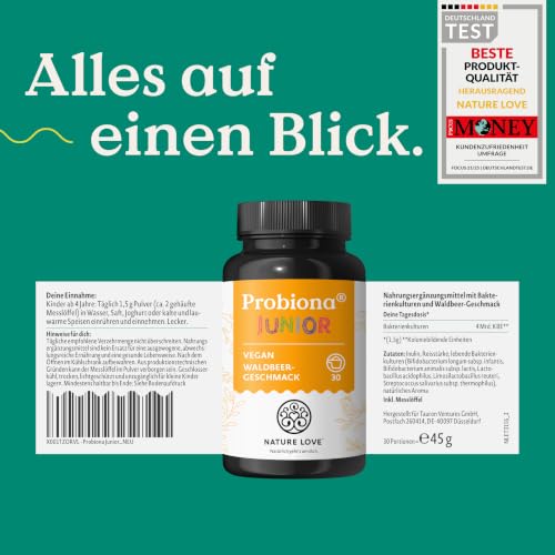 NATURE LOVE® Probiona Junior - 45g Pulver - Darmbakterien für Kinder ab 4 Jahren - 5 Bakterienstämme - mit Lactobacillus (Milchsäurebakterien), Bifidobacterium und Inulin - vegan & laborgeprüft