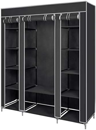 Meerveil Fabric Wardrobe Bedroom Wardrobe Wardrobe Folding DIY Wardrobe with Six Hinges Three Doors Quick Access 175 x 150 x 45 cm Large Storage Capacity Black