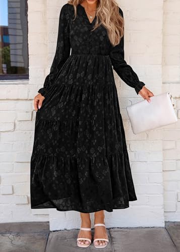 Image of KIRUNDO Spring Wedding Guest Dresses for Women 2026 Maxi Floral Long Sleeve Elegant Ruffle Tiered Flowy Party Long Dress