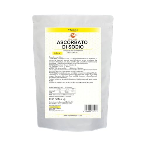Ascorbato de sodio, 2 kg, vitamina C en polvo de acción antioxidante, sustancia pura sin excipientes (1 bolsa de 2 kg) Laboratorios Bioline – Calidad italiana