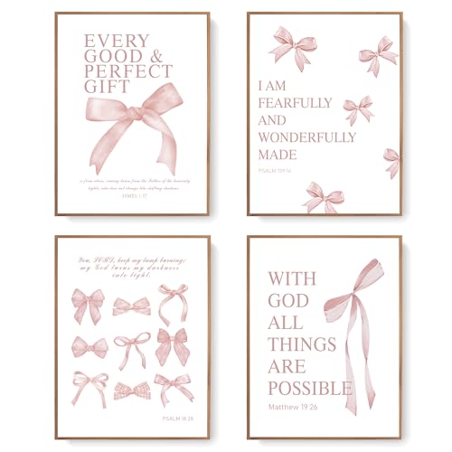 Image of LARTSFRO Coquette Pink Bow Wall Art Decor Posters, Blush Pink Bow Room Bedroom Bathroom Dorm Wall Art Decor Aesthetic for College Teen Girls Gifts, Inspirational Bible Verses Bow Wall Decor, 12x16 Inch Set of 4 Pcs Bow Pictures (UNFRAMED)