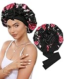 Satin Bonnet Silk Bonnet for Sleeping Silk Sleep Cap Double Layer Hair Bonnet with Elastic Tie Band for Curly Hair Night Cap (Black Flower + Black)