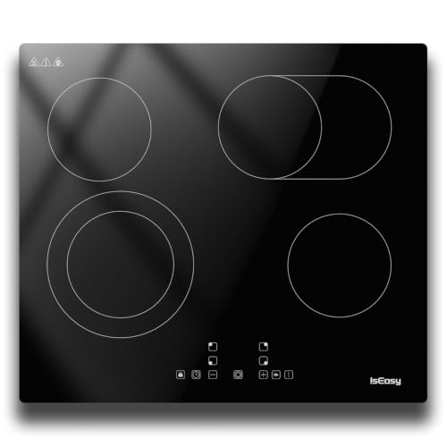IsEasy Plaque de Cuisson Vitrocéramique 60 cm (6600W) – Table d'Encastrement Autonome 4 Foyers Tactile Avec Zone Ovale & Double Zone Extensible