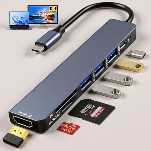 Hub USB-C 3.0 Extensor Adaptador 7 em 1 - HDMI 4K, USB 3.0, USB 2.0, USB-C PD 100W, Leitor de Cartão SD/TF Premium