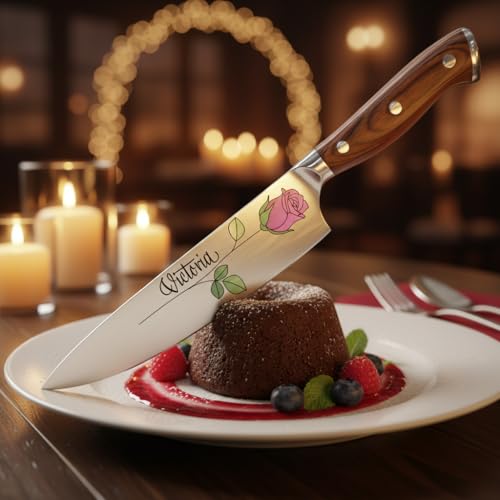 Image of Color Laser Engrave Custom Personalized Chef Knife with Blade Cover and Velvety Red Interior Box Premium Stainless Steel - Personalized for Wife, Mother, Friend with a Rose Design (Design#2)