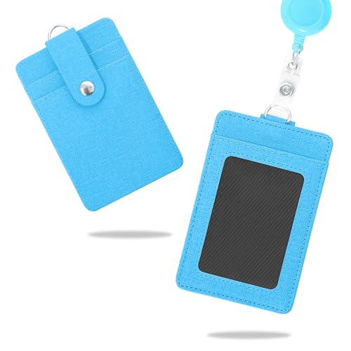 Image of Conisy ID Badge Holder with Retractable Lanyard, Vertical PU Leather ID Badge Card Holder with 2 Card Slots for Women Men (ID Badge Holder SkyBlue)