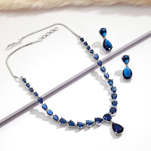 Image of Rubans Necklace Set Rhodium Plated Crystal Studded Jewellery Gift for Women & Girls
