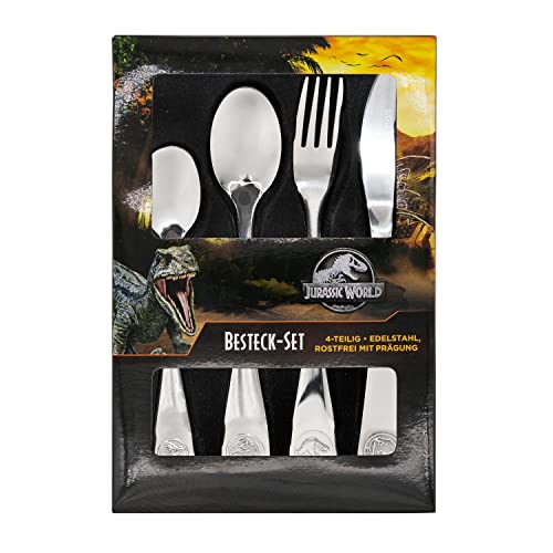 Jurassic World Bambini, 4 Pezzi con Impronte di Dino, Set di Posate in Acciaio Inox con Coltello, Forchetta, Minestra e Cucchiaio da Dessert, Colore Silver, 20,5x14x3cm, 10138226
