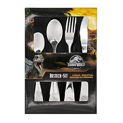 Jurassic World Juego de Cubiertos para Niños de 4 Piezas con Impresiones de Dinosaurios, Juego de Cubiertos de Acero Inoxidable con Cuchillo, Tenedor, Cuchara Sopera y Cuchara de Postre | Ya disponible en tu tienda friki favorita! En mundofriki.es!