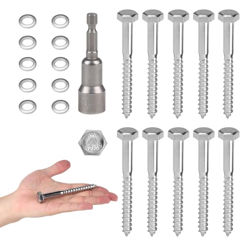 MIGUBIGU 10 PCS Vis Tire-Fond Avancées Tête Hexagonale M8 x 100 mm Inox AISI 304 (A2), Tirefond Beton avec Rondelles et Clé à Six Pans, Vis à Bois Tête...