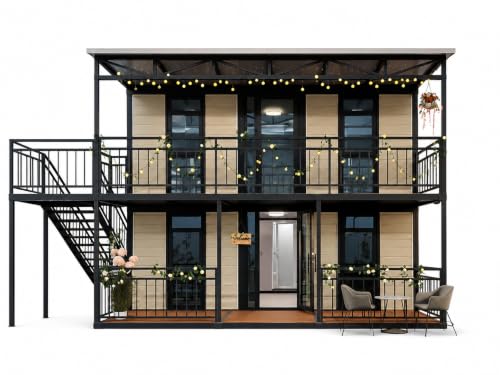 Two-Story Prefab Modular Home, Steel Frame Structure, with Balcony, Staircase, and Covered Porch
