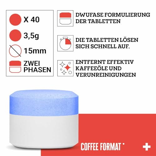 Coffee Format 2-Phase Cleaning Tablets Plus 40x3,5g, dwufazowe tabletki czyszczące, usuwają pozostałości kawy, tłuszcz i kamień, łatwe w użyciu, kompatybilne z Jura