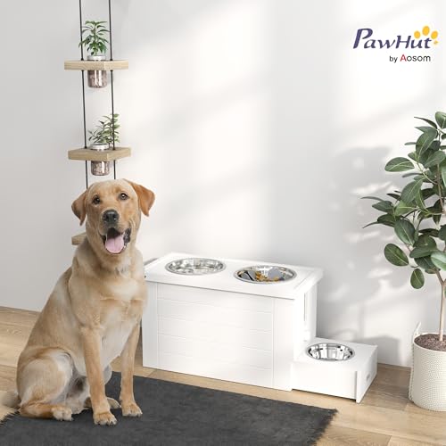 PawHut 2-in-1 Erhöhter Hundenapf Höhenverstellbar Futternapf mit Ständer Stauraum 2 x 2L Edelstahlnäpfen Langsamfuttermatte Fressnapf Futterstation Hundenäpfe für Große Hunde Katzen Weiß