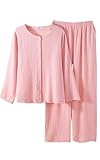 パジャマ レディース ルームウェア 無地 綿100% 柔らかい2重ガーゼ 肌触りが良い 上下長袖 可愛い 部屋着 (XL, サーモンピンク)