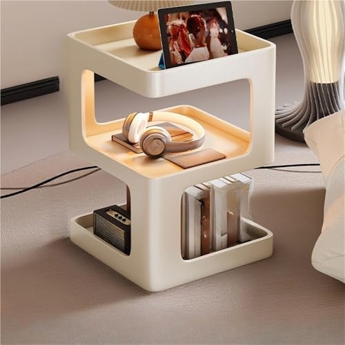 HJYBFA Mesa auxiliar, mesa auxiliar con estantes de almacenamiento de 3 niveles, mesitas de noche cuadradas con marco de metal, moderna mesita de noche para sala de estar, dormitorio, espacio pequeño