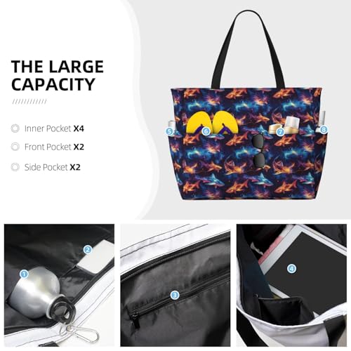 Large Beach Bags for Women Sandproof - Fantasy Shark Print Summer Travel Work Tote Bags with Zipper3
